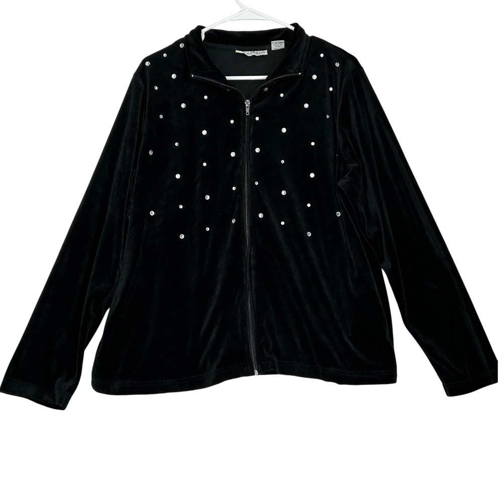 Sag Harbor Black Velour Collared Jacket Clear Stone Embellishments Women's XL